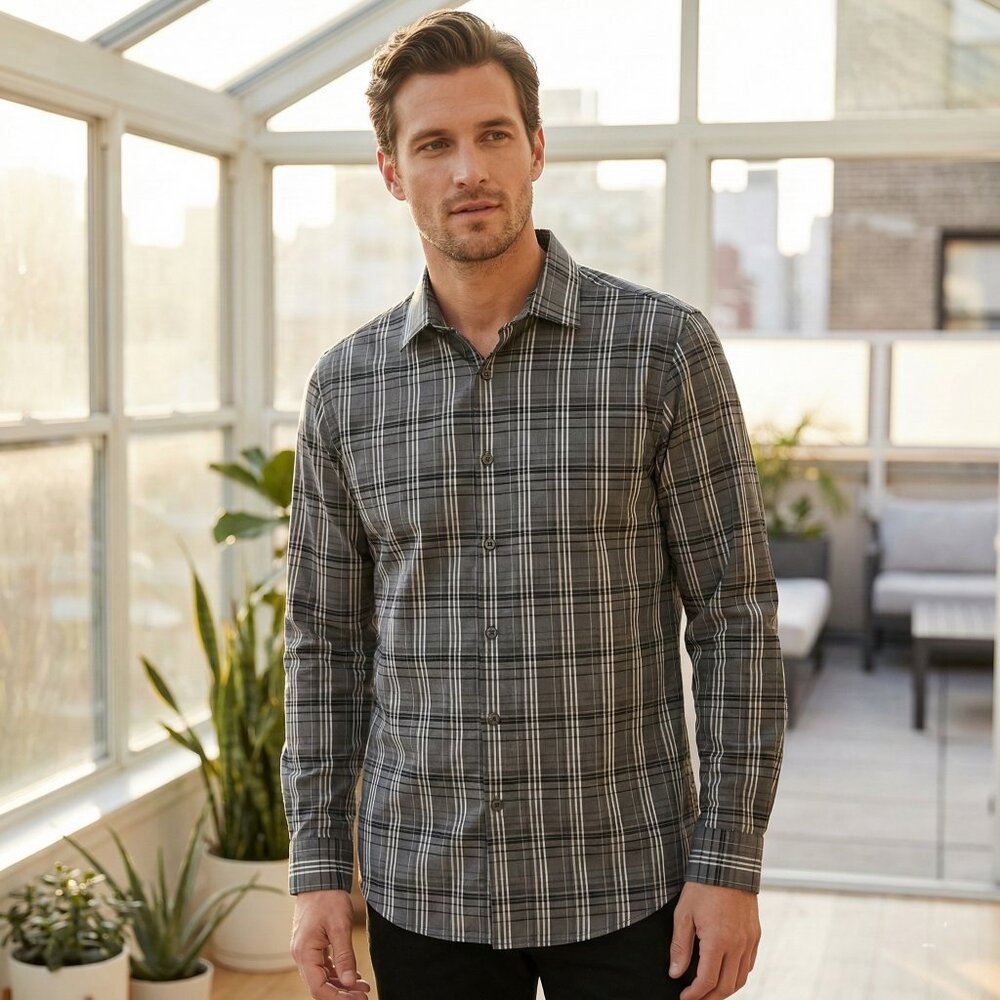 *Kenneth‎ Cole New York Mens Slim Fit Plaid Non Iron Dress Shirt 16 1/2 (34 35)